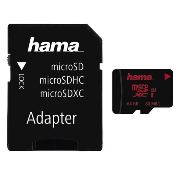 microSDXC UHS-I 64GB minneskort - HAMA - UHS Speed Class 3 - Läshastighet upp till 80 MB/s