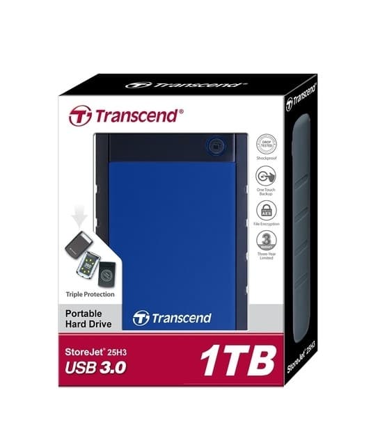 Extern hårddisk storejet (1tb, usb 3.0, färg blå, ts1tsj25h3b), Transcend