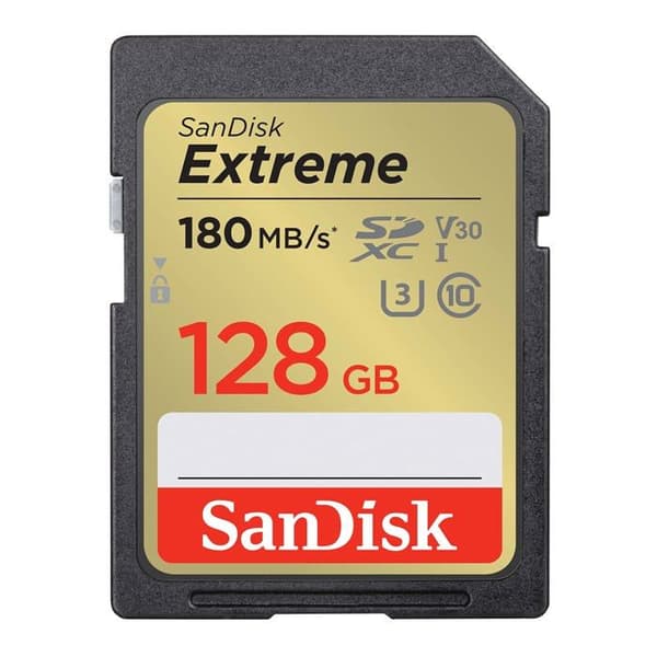 SANDISK Extreme 128GB SDXC 180MB/S 90MB/S UHS-I Class 10 U3 V30 SDXC-minneskort