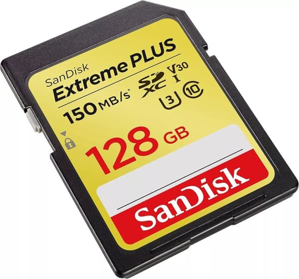 SanDisk Extreme Plus 128GB SDXC muistikortti, jopa 150MB / s, luokka 10, U3, V30