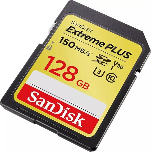 SanDisk Extreme Plus 128GB SDXC muistikortti, jopa 150MB / s, luokka 10, U3, V30