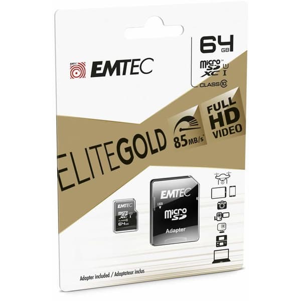 MicroSDXC 64GB EMTEC minneskort + CL10 Gold+ UHS-I 85MB/s adapter