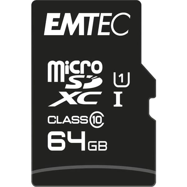 MicroSDXC 64GB EMTEC minneskort + CL10 Gold+ UHS-I 85MB/s adapter