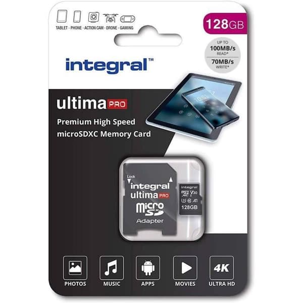 INTEGRALT MINNE Premium High Speed V30 UHS-I U3 Micro SDXC 128GB 100MB/s läsning och 90MB/s skriv 4K