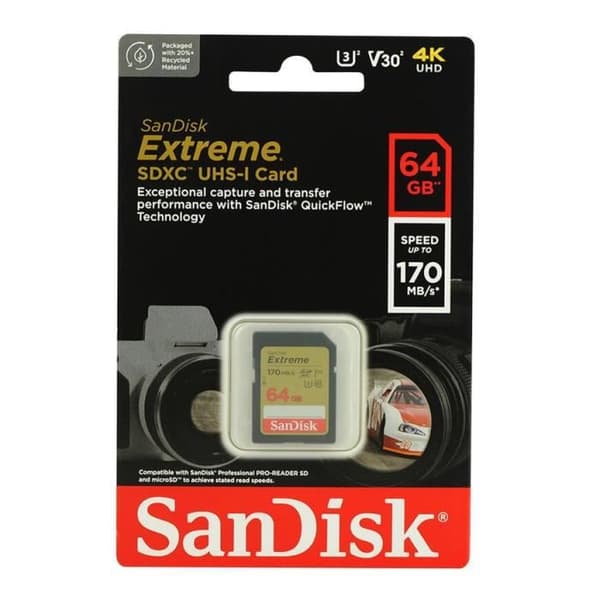 SDXC-minneskort - SANDISK - Extreme 64GB - 170MB/S - 80MB/S - UHS-I Class 10 U3 V30
