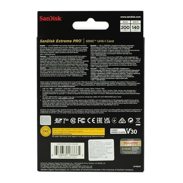 SD-minneskort - Sandisk - Extreme Pro - 512Go - 200MB/s - UHS-I V30