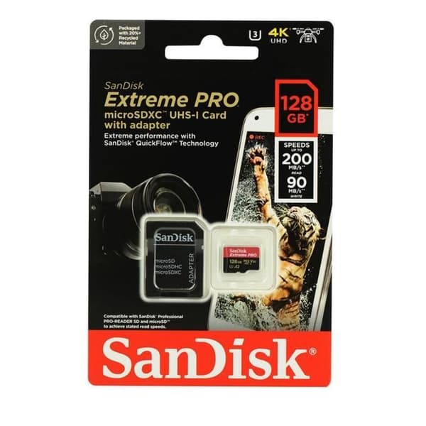SanDisk Extreme Pro microSDXC 128GB Klass 10 UHS-I U3 V30 200MB/S 90MB/S A2 C10 minneskort