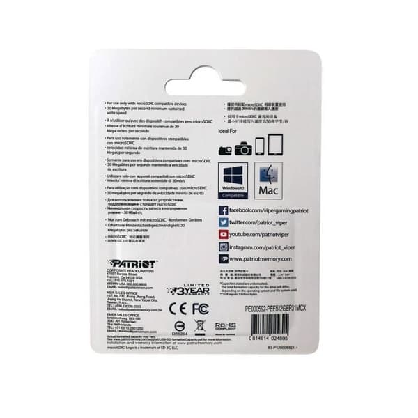 Minneskort MicroSDXC - Patriot Memory - EP Series A1 V30 - 512 Go - Upp till 90 Mo/s - Svart