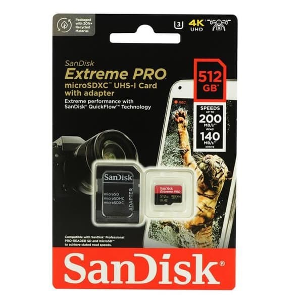 SanDisk Extreme Pro microSDXC 512GB Klass 10 UHS-I U3 V30 200MB/S 140MB/S A2 C10 minneskort