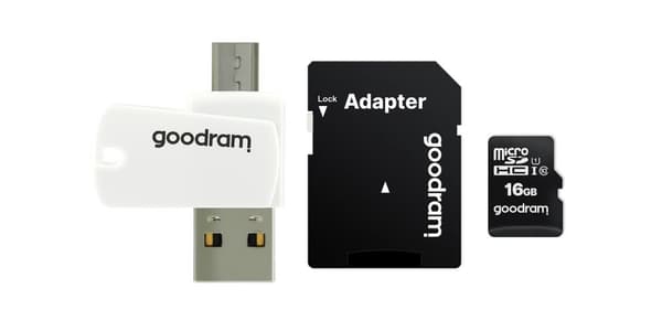 Minneskort med adapter och GoodRam All in One M1A4-0160R12 (16 GB, klass 10, adapter, microSDHC-kortläsare, minneskort) (M1A4-0160R12)