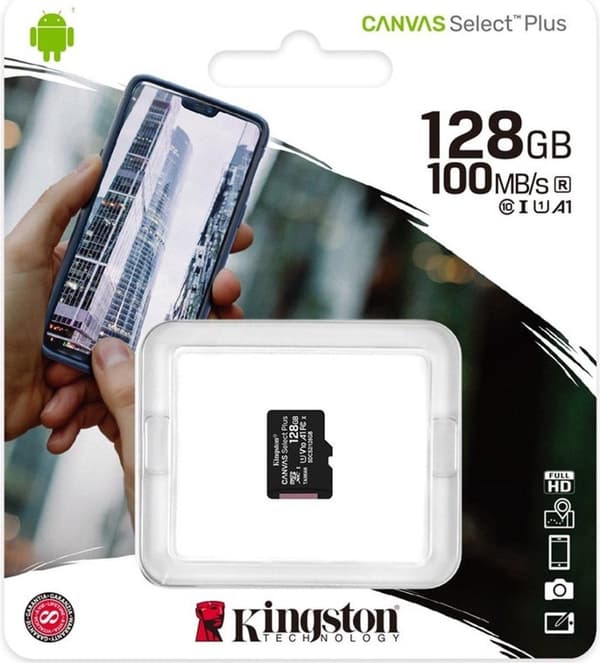 Kingston 128GB microSDHC Canvas Select Plus 100R A1 C10 Single Pack ilman sovitinta