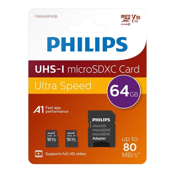 Philips MicroSDXC 2-Pack 64GB Klasse 10 UHS-I U1 inkl. Adapter (PHMSDA64GUHSIU1P2)