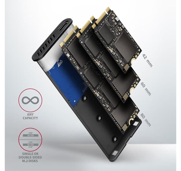 AXAGON, ulkoinen USB-C 3.2 Gen 2 metallikotelo M.2 NVMe & SATA SSD -levyille, EEM2-SG2