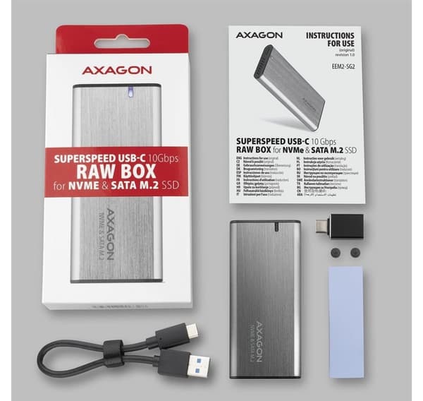 AXAGON, ulkoinen USB-C 3.2 Gen 2 metallikotelo M.2 NVMe & SATA SSD -levyille, EEM2-SG2