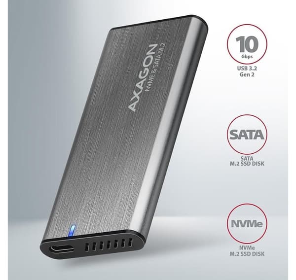 AXAGON, ulkoinen USB-C 3.2 Gen 2 metallikotelo M.2 NVMe & SATA SSD -levyille, EEM2-SG2