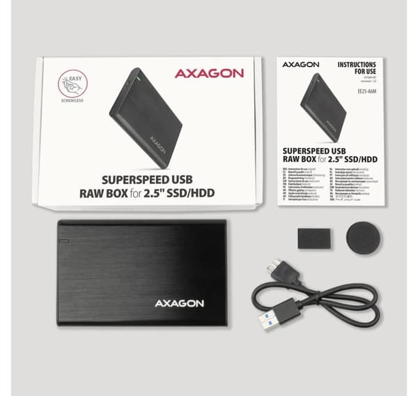 AXAGON, skruløs aluminium USB 3.2 Gen 1 - SATA 6G ekstern boks for 2,5" SSD/HDD, EE25-A6M