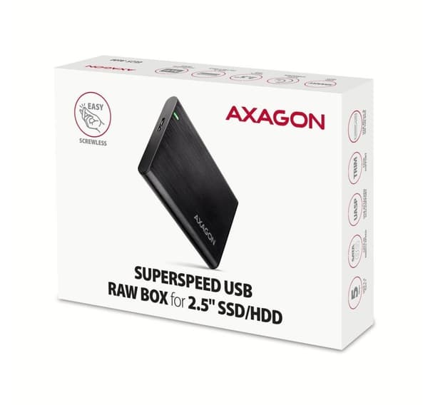 AXAGON, skruløs aluminium USB 3.2 Gen 1 - SATA 6G ekstern boks for 2,5" SSD/HDD, EE25-A6M