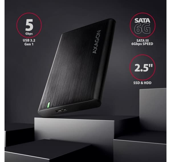 AXAGON, skruløs aluminium USB 3.2 Gen 1 - SATA 6G ekstern boks for 2,5" SSD/HDD, EE25-A6M