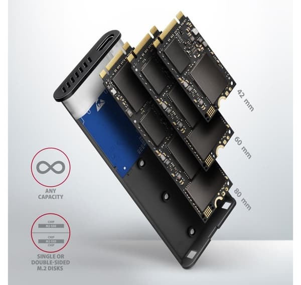 AXAGON, ekstern USB-C 3.2 Gen 2 metallboks for M.2 NVMe & SATA SSD-disker, EEM2-SB2