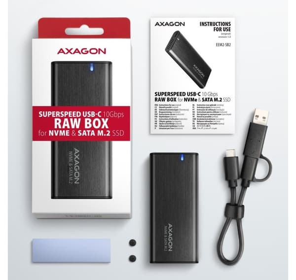 AXAGON, ekstern USB-C 3.2 Gen 2 metallboks for M.2 NVMe & SATA SSD-disker, EEM2-SB2