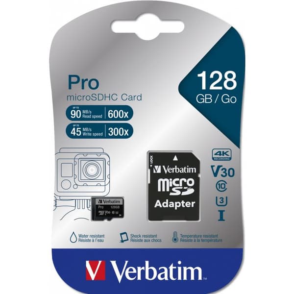 MicroSDXC-minneskort - VERBATIM - 128 Go - U3 - 90 MB/s - Vattentålig