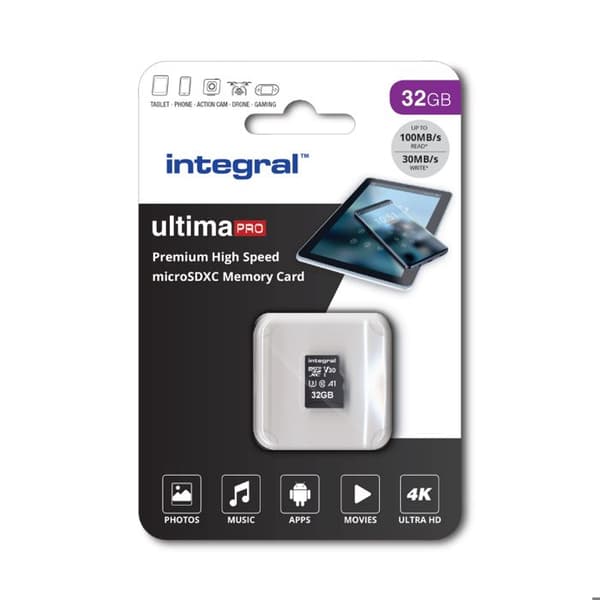 INTEGRALT MINNE Premium High Speed V30 UHS-I U3 Micro SDHC 32GB 100MB/s läsning och 70MB/s skriv 4K