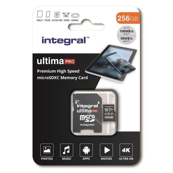 INTEGRALT MINNE Premium High Speed V30 UHS-I U3 Micro SDXC 256GB 100MB/s läsning och 90MB/s skriv 4K
