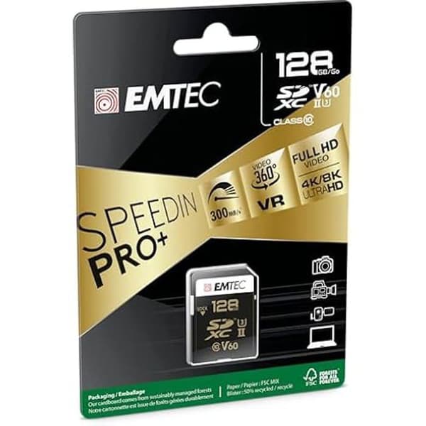 SDXC Minneskort - EMTEC - ECMSD128GUHS2V60 - 128 Go - UHS-II U3 V60 - 300 Mo/s Läsning, 160 Mo/s Skrivning
