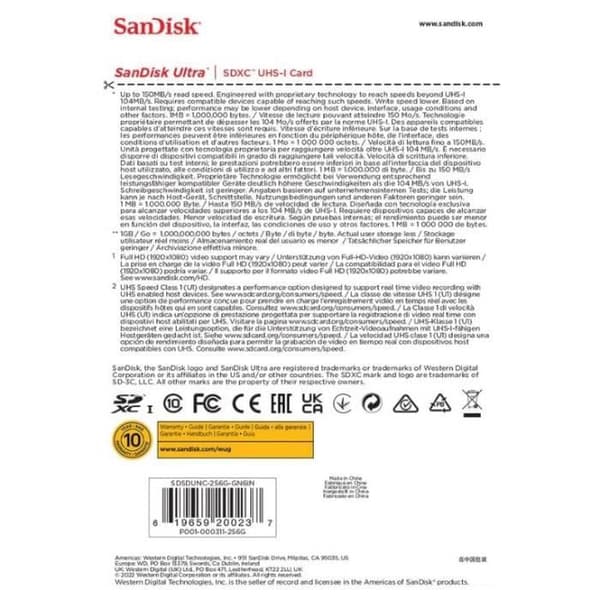 SDXC-minneskort - SanDisk - Ultra - 256 GB - Hastighet upp till 160 MB/s - Klass 10, U1