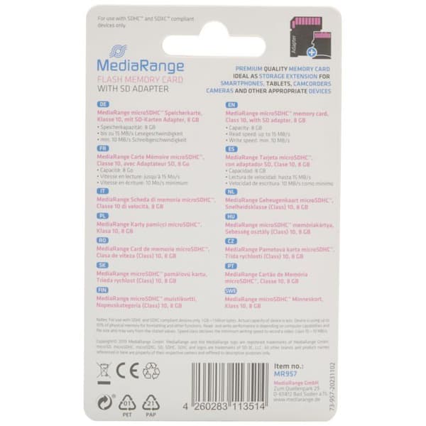 Minneskort - MEDIARANGE - MR957 - 8 Go - MicroSDHC - Klass 10 - Svart