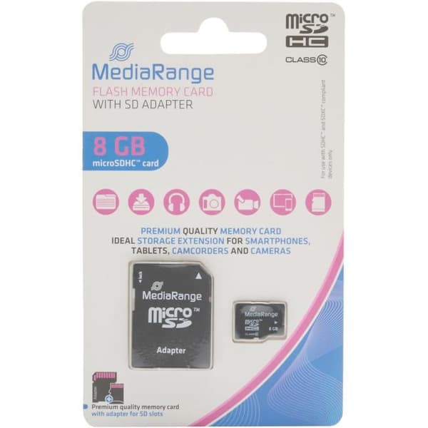 Minneskort - MEDIARANGE - MR957 - 8 Go - MicroSDHC - Klass 10 - Svart