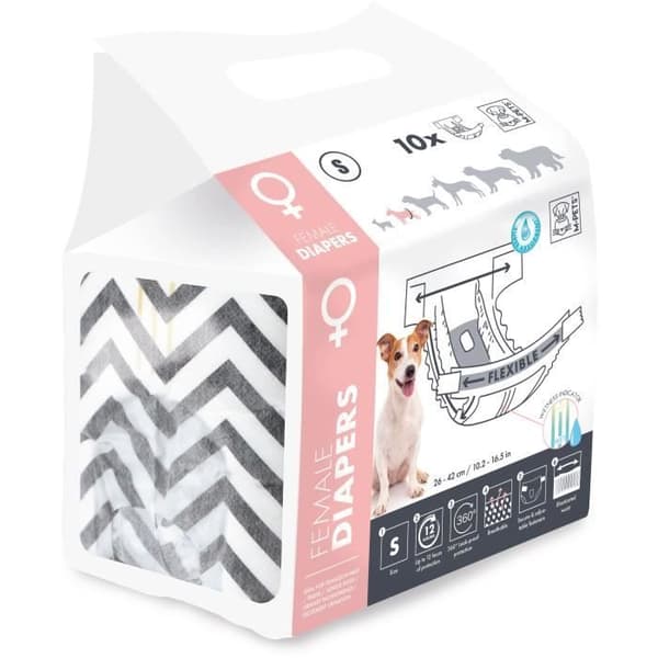Hundblöjor - M PETS - BLÖJOR - Hona S x10 - Midjemått 17,5-37 cm - 2-4 kg - Fuktindikator - 12h skydd