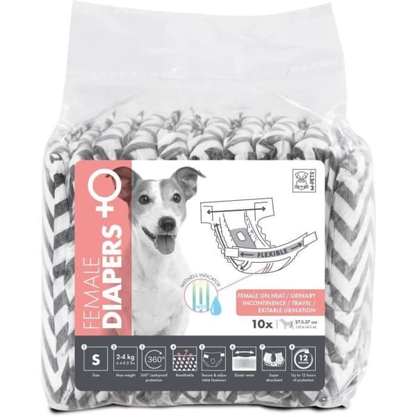 Hundblöjor - M PETS - BLÖJOR - Hona S x10 - Midjemått 17,5-37 cm - 2-4 kg - Fuktindikator - 12h skydd