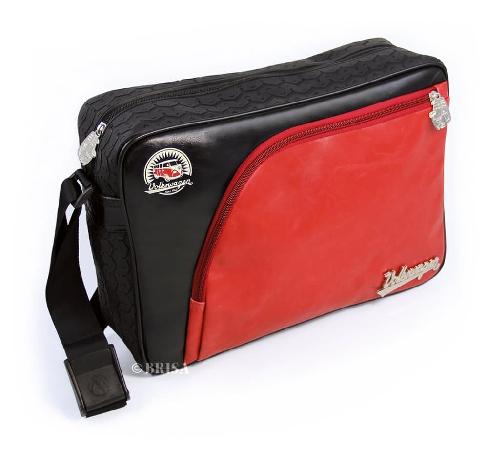 BRISA VW Collection - Volkswagen Bus T1 Camper Van Transporter Messenger taske (Faux Leather & Tire Tread Edging - Vintage Logo/Red&Black)