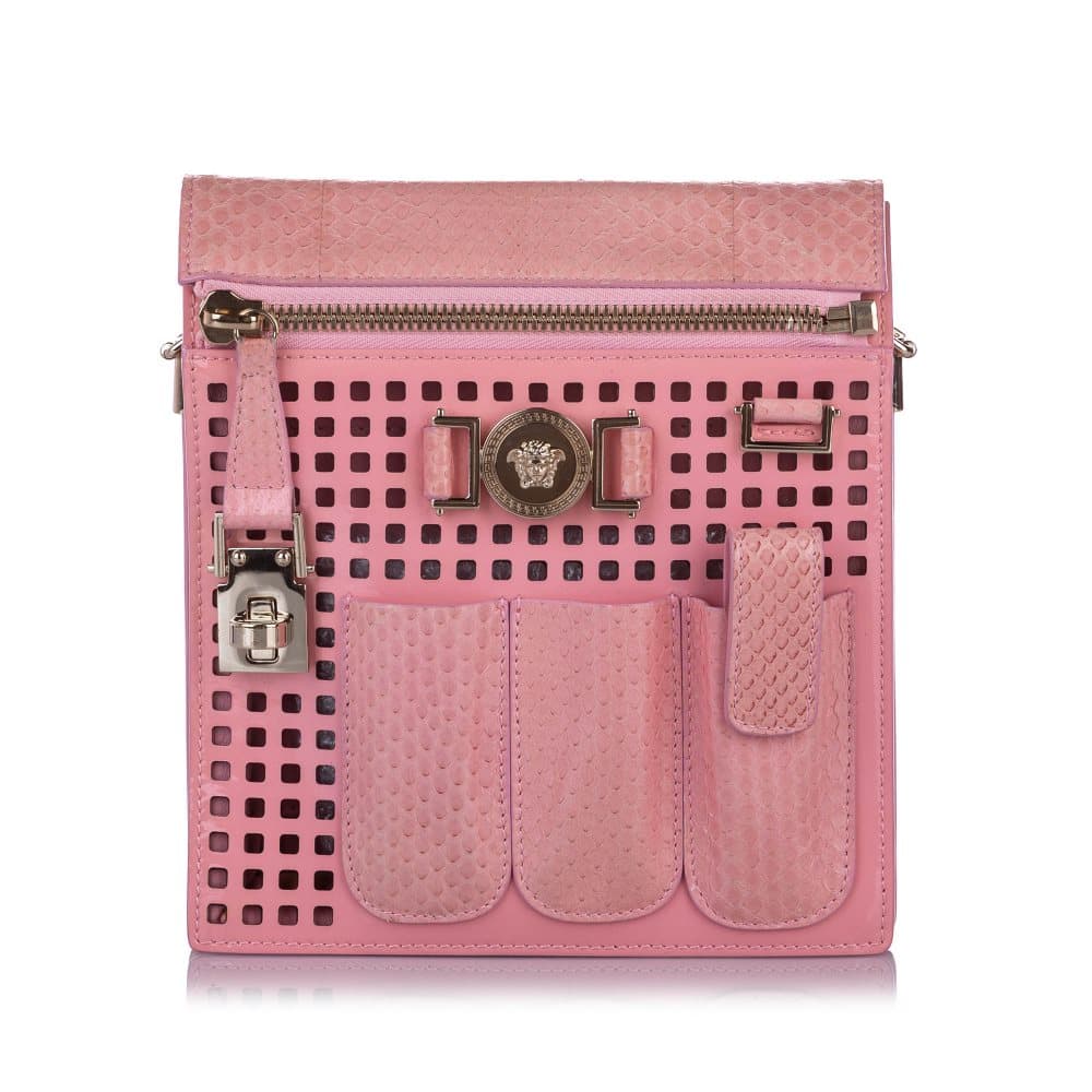 Versace Perforated Patent Leather Crossbody Bag Pink