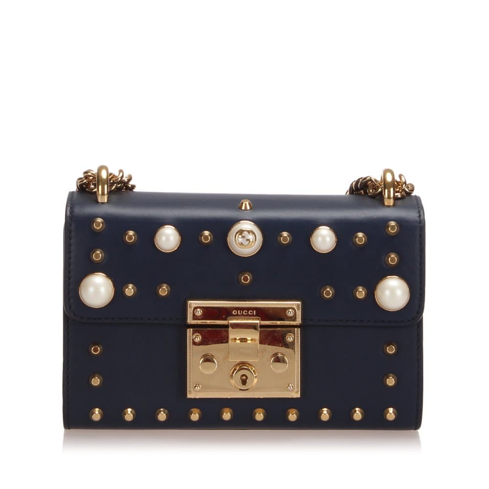 Gucci Small Studded Padlock Leather Crossbody Bag Blue