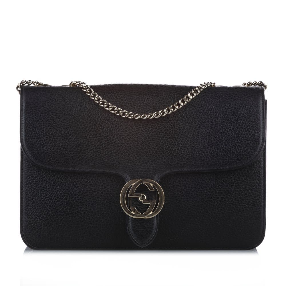 Gucci Interlocking G Chain Leather Crossbody Bag Black