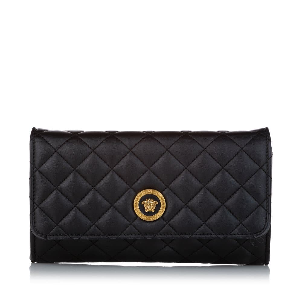 Pre-owned Versace Medusa Quilted Leather Wallet on Chain Black