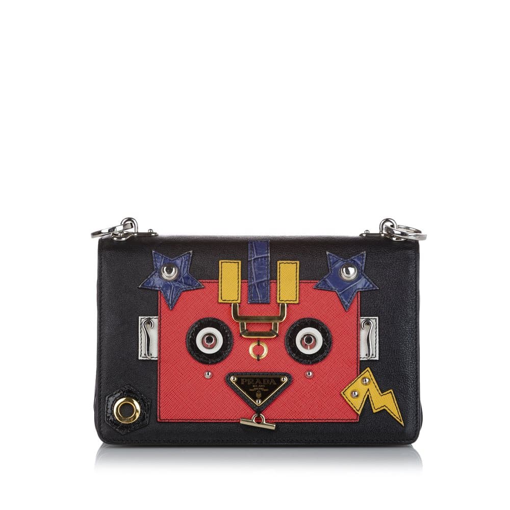 Pre-owned Prada Womens Robot Motif Leather Crossbody Bag Black