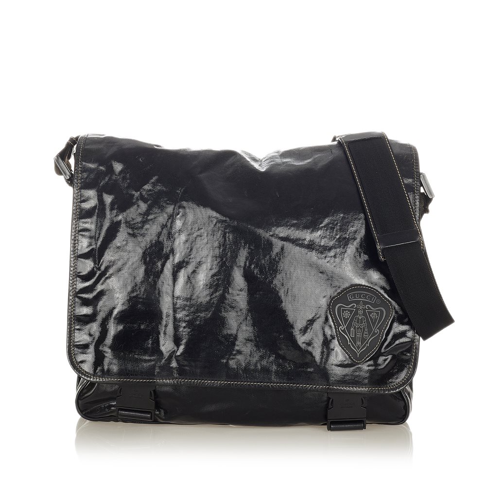 Pre-owned Gucci Crest Coated Canvas Crossbody Bag Black Product Image