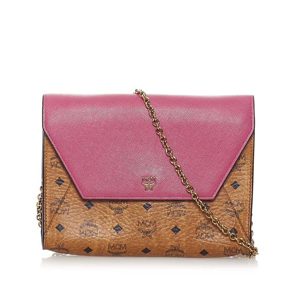 Pre-owned MCM Visetos Chain Leather Crossbody Bag Brown