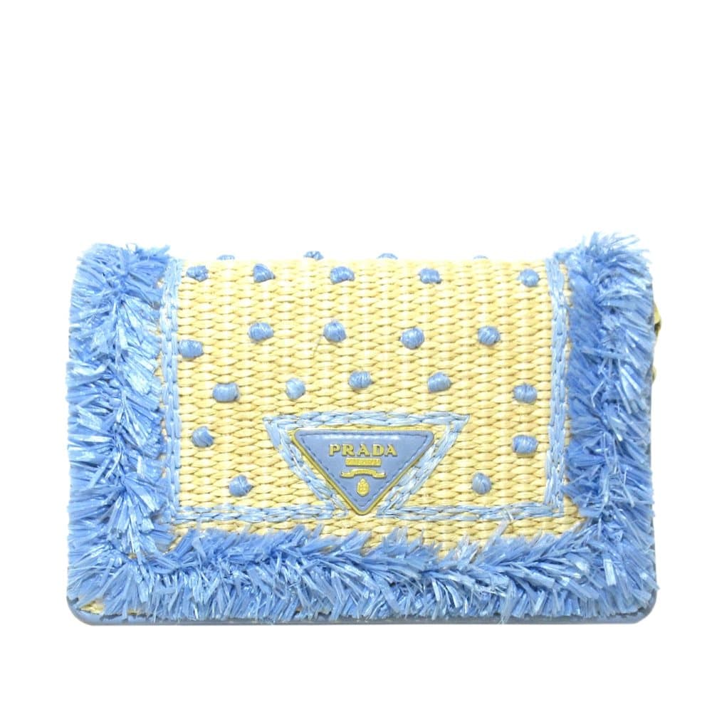 Pre-owned Prada Raffia Wallet On Chain Blue