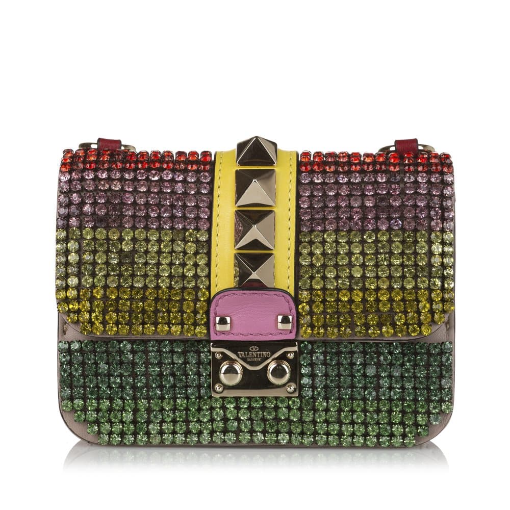 Pre-owned Valentino Embellished Crystal Rockstud Glam Lock Crossbody Bag Yellow