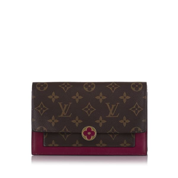 Pre-owned Louis Vuitton Monogram Flore Wallet On Chain Brown
