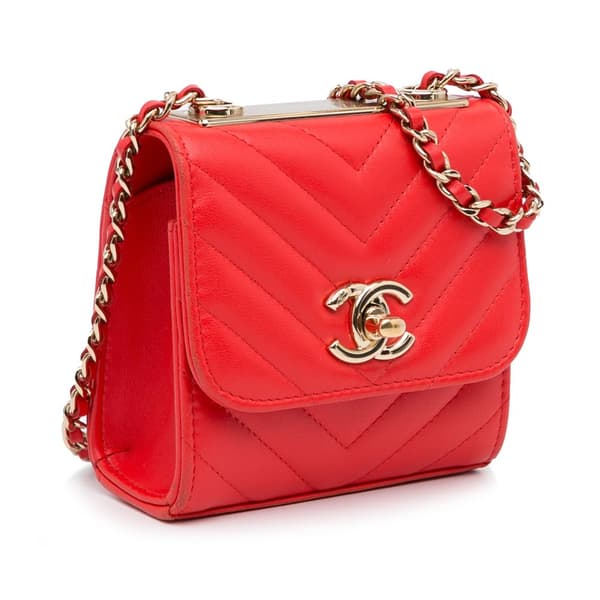 Pre-owned Chanel Mini Chevron Lambskin Trendy CC Chain Wallet Red