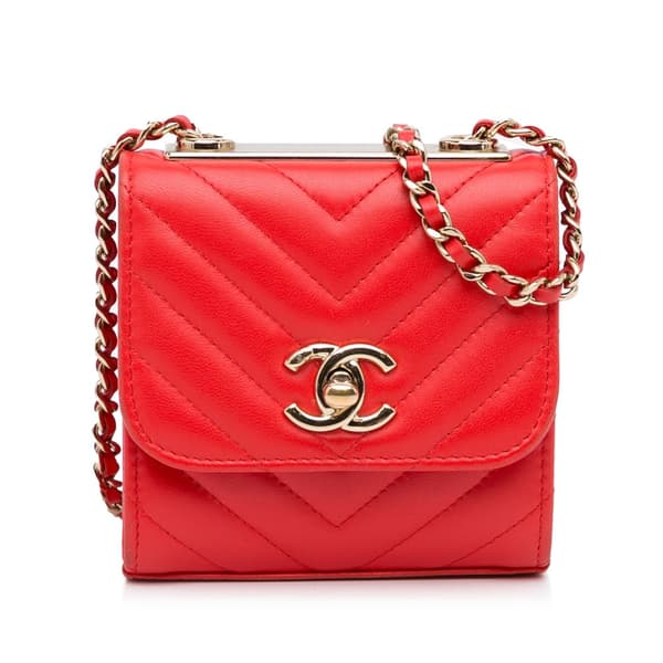 Pre-owned Chanel Mini Chevron Lambskin Trendy CC Chain Wallet Red