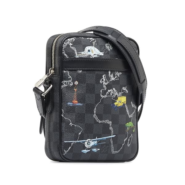 Pre-owned Louis Vuitton Damier Graphite Renaissance Map Danube Slim PM Black