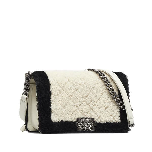 Pre-owned Chanel Old Medium Bicolor Shearling Boy Flap White