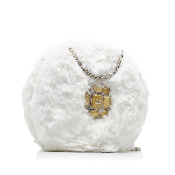 Pre-owned Chanel CC Crystal Embellished Faux Fur Round Crossbody White