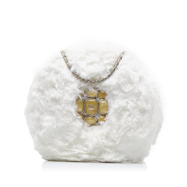 Pre-owned Chanel CC Crystal Embellished Faux Fur Round Crossbody White